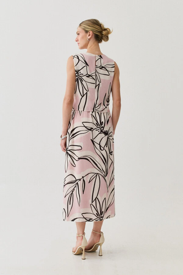 Conjunto Assimétrico Floral de Regata Crop Pregas Double e Saia Midi Pregas