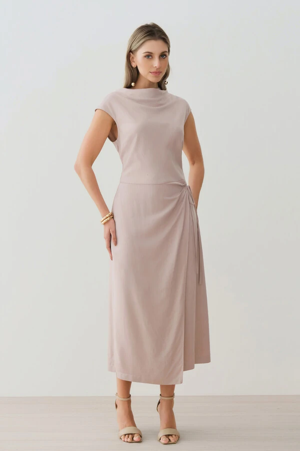 Vestido Midi Regata Transpassado Gola Drapeada Laço Lateral Drapeada