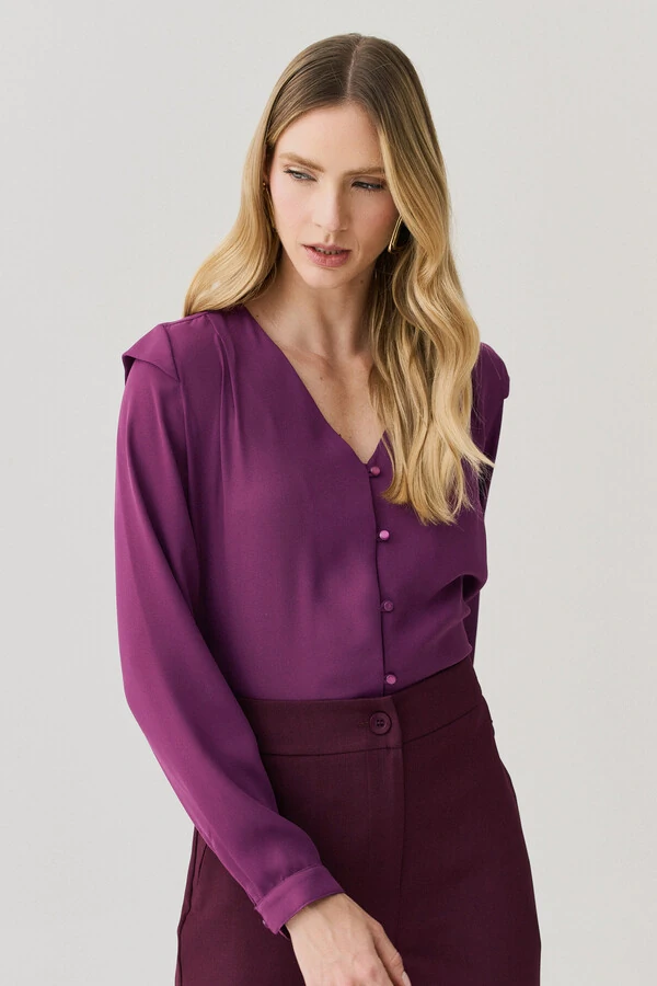 Camisa Manga Longa Punho Decote V Ombro Aba Mini Botões