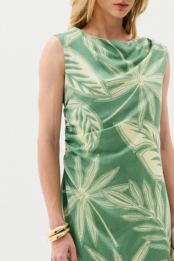 Vestido Midi Regata Assimétrico Drapeado Folhagem Ombro Lateral Franzidos