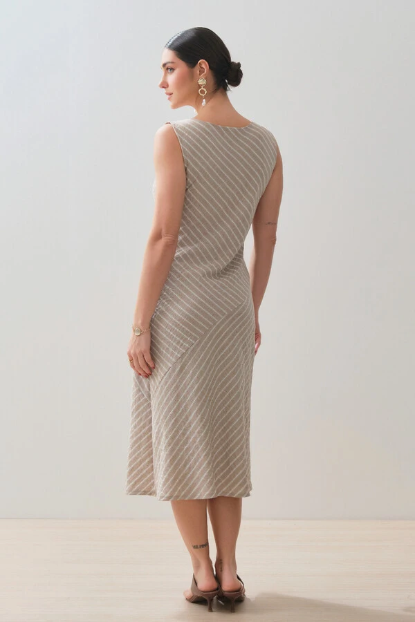 Vestido Midi Regata Assimétrica Listrado Um Ombro Torcido