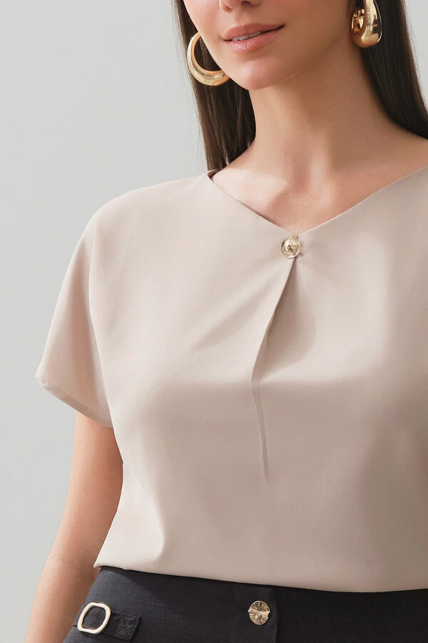 Blusa Manga Morcego Abertura Decote V Prega Gold