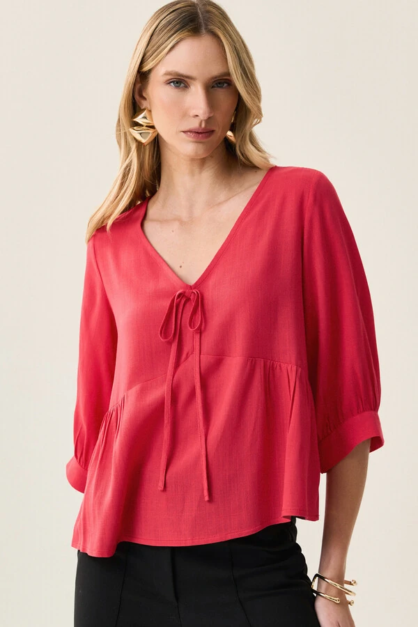 Blusa Manga 3/4 Punho Decote V Laço Recorte Busto