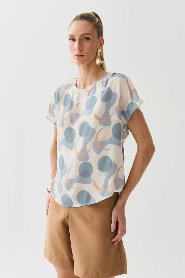 Blusa Abstrata Manga Morcego Ombro Pregas Double