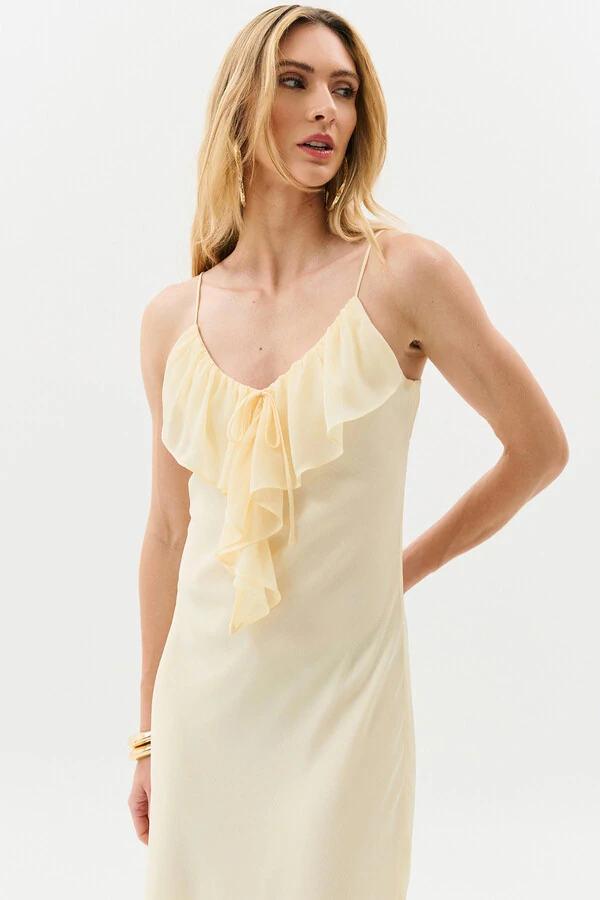 Vestido Longo de Alcinha de Chiffon Yoryu Decote V Babado Laço