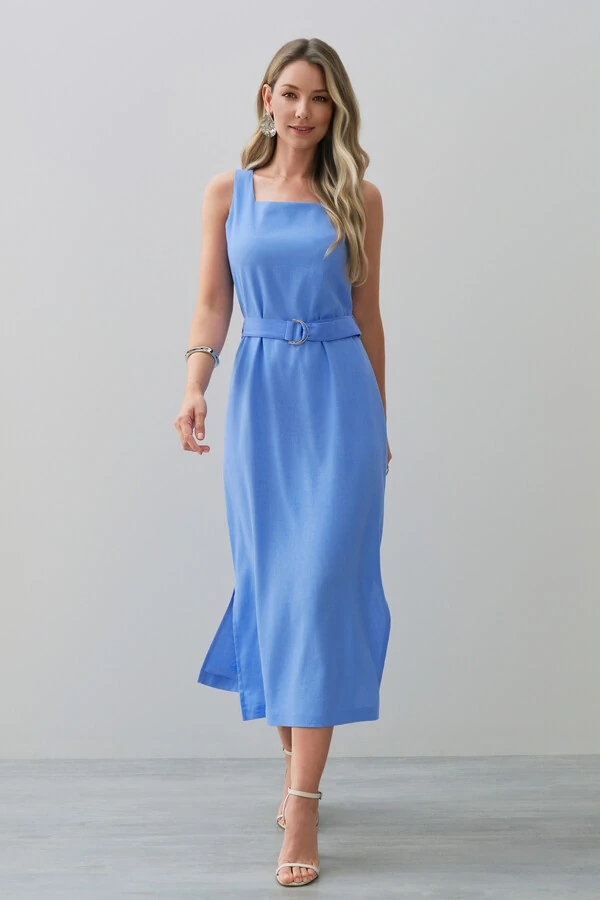 Vestido Midi Regata de Linho Decote Quadrado Fendas Laterais Cinto Fivela