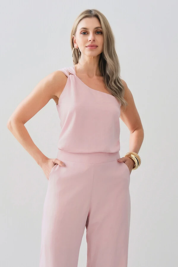 Conjunto de Blusa Regata Assimétrica Um Ombro Só Torcido e Calça Reta