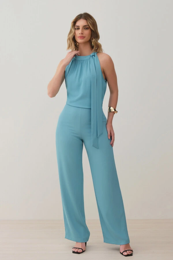 Conjunto de Blusa Regata Frente Única Laço e Calça Pantalona Slim