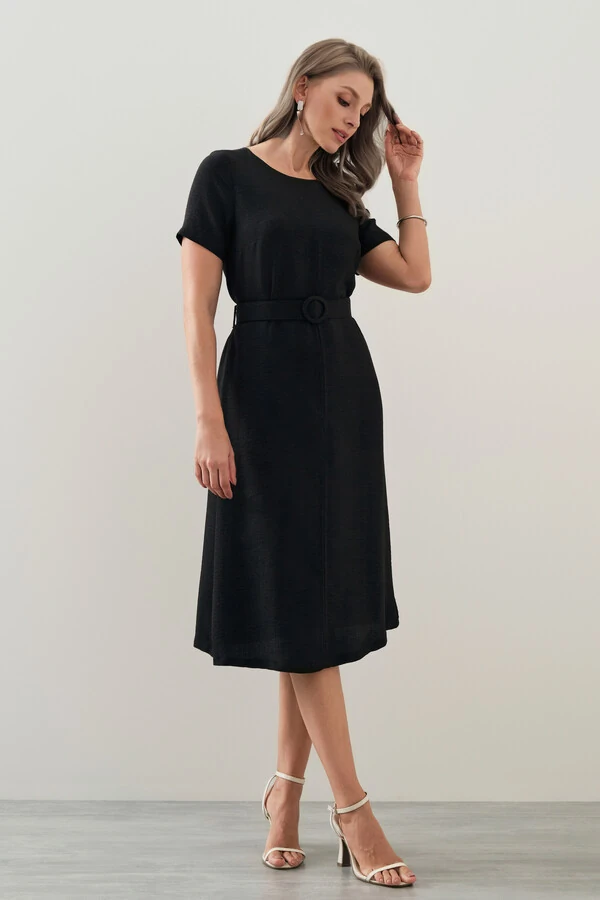 Vestido Midi Cinto Fivela Forrada