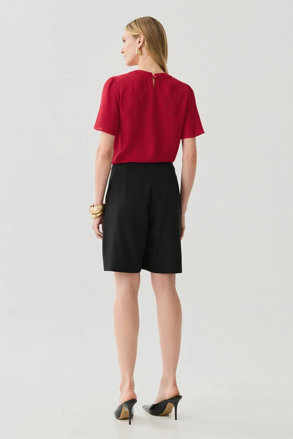 Blusa Manga Evasê Decote Redondo Ombro Prega