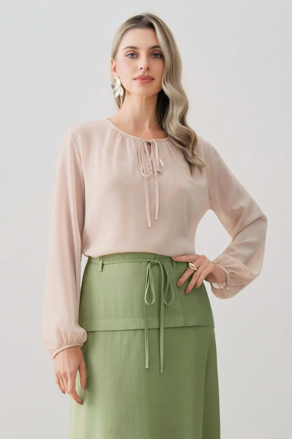 Blusa de Chiffon Yoryu Manga Longa Decote Gota Laço