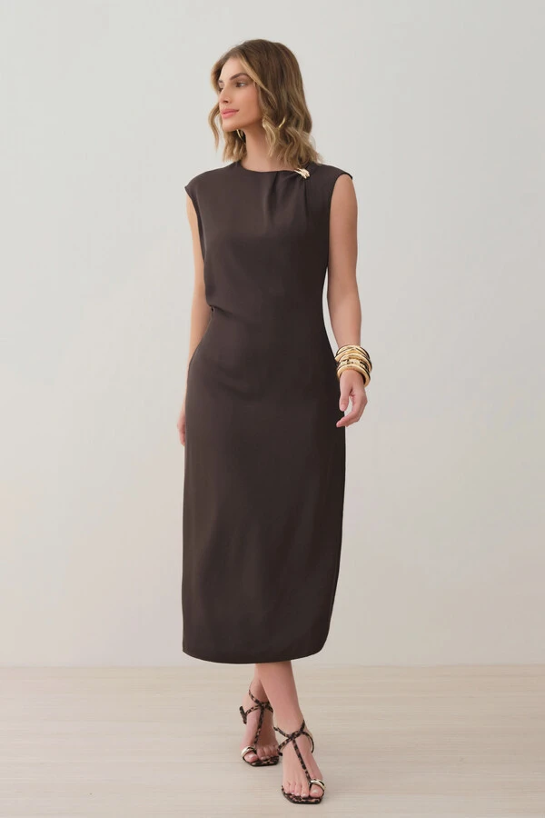 Vestido Midi Regata Assimétrica Decote Pregas Gold