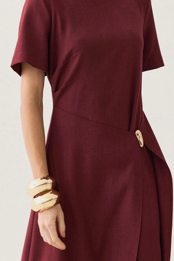 Vestido Midi de Alfaiataria Assimétrico Transpassado Pregas Gold