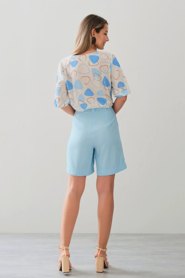 Blusa Abstrata Triângulo Manga 3/4 Elástico Decote V