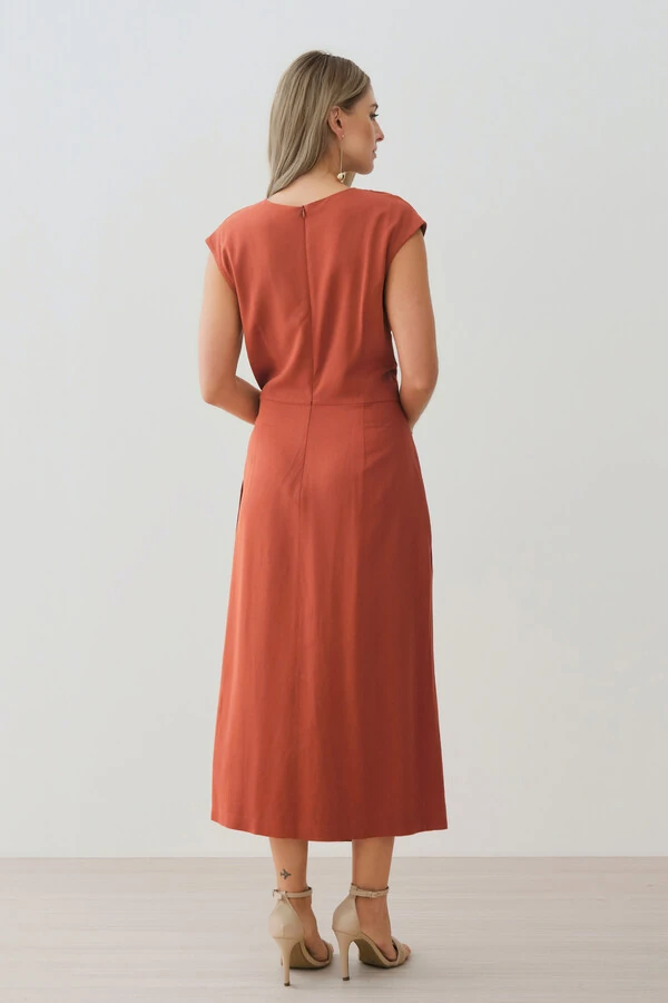 Vestido Midi Regata Transpassado Gola Drapeada Laço Lateral Drapeada