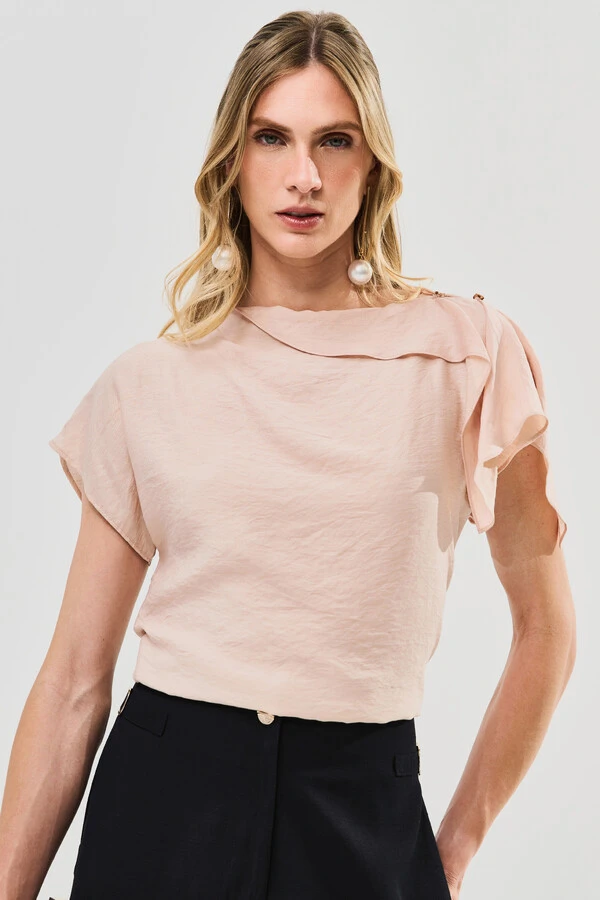 Blusa Assimétrica Manga Morcego Gola Fluida Ombro Gold Double