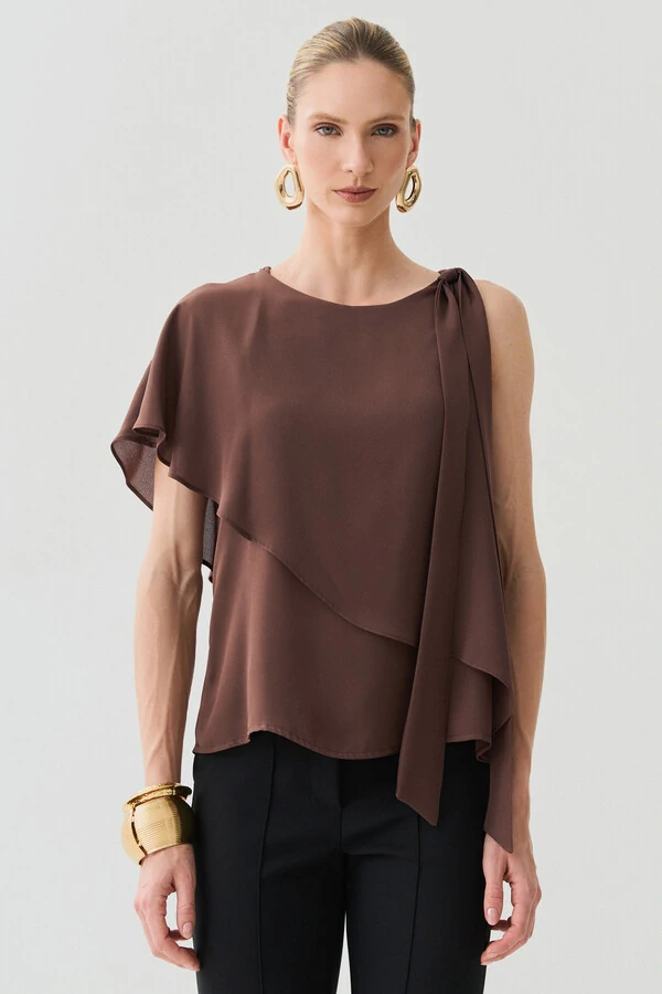 Blusa Assimétrica Dupla Transpassada Um Ombro Só Laço