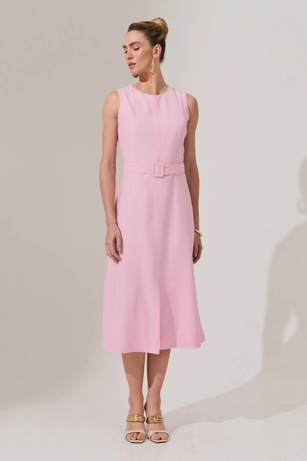 Vestido Midi Regata de Alfaiataria Recortes Cinto Fivela Forrada Fenda Frontal