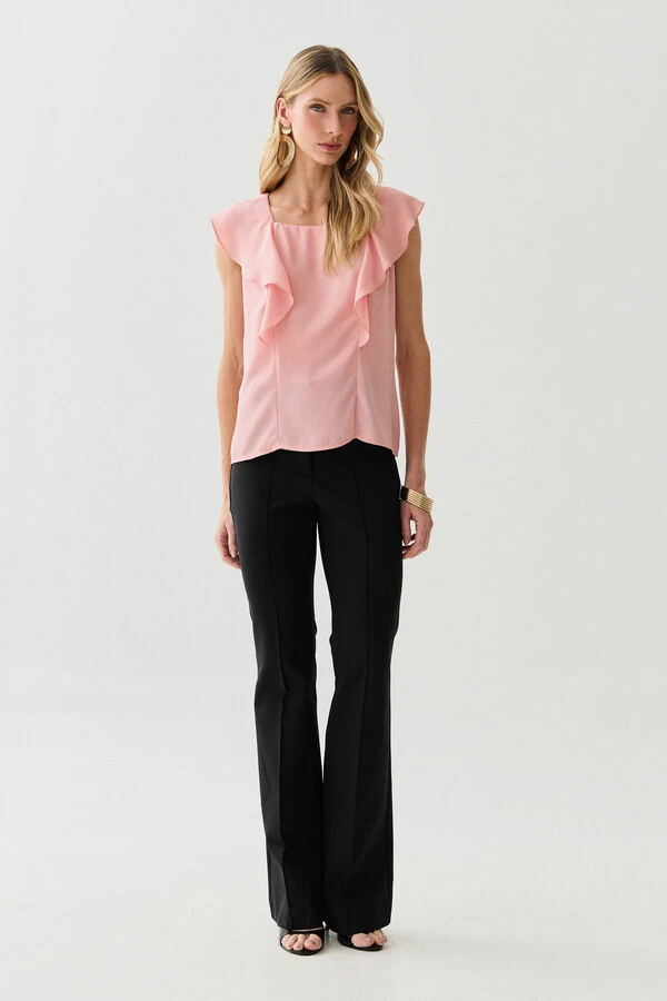 Regata Decote Quadrado Recortes Babado Laço Costas