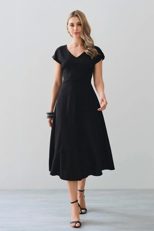 Vestido Midi Evasê Manga Morcego Decote V