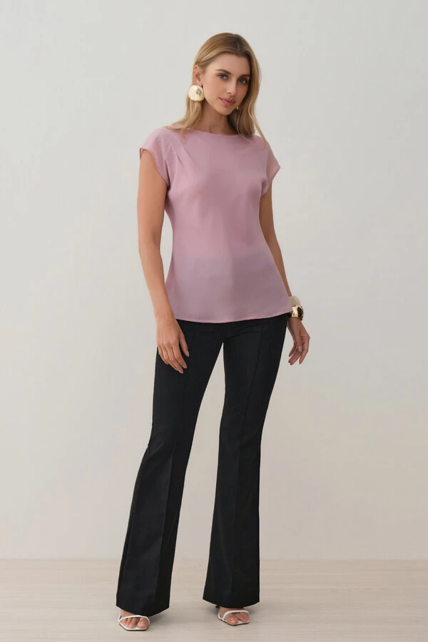 Blusa Assimétrica Drapeada Manga Morcego Ombro Esquerdo Pregas Double