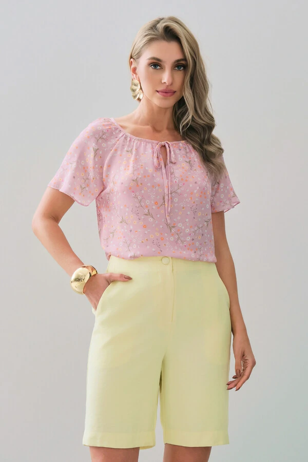 Blusa Floral Manga Raglan Decote Laço