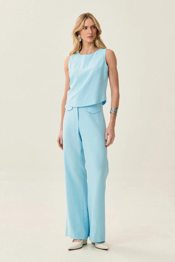 Conjunto de Alfaiataria de Blusa Regata Crop Recorte Calça Reta Aba Botões Forrados Double