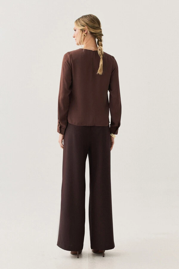 Blusa Manga Longa Punho Decote Pregas