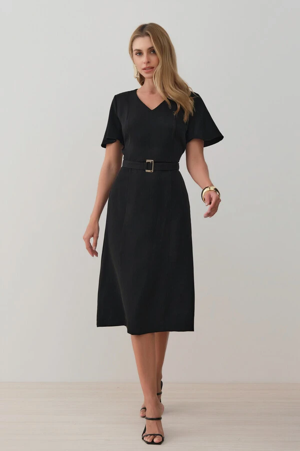 Vestsido Midi Decote V Cinto Fivela Gold