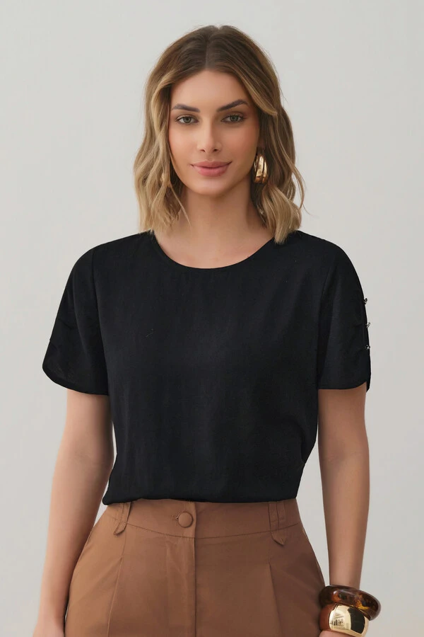 Blusa Manga Pregas Botões Brilho Triple