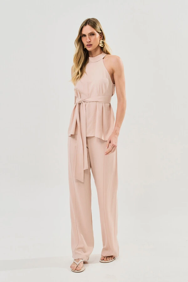 Conjunto de Blusa Regata Frente Única Faixa e Pantalona Nervura