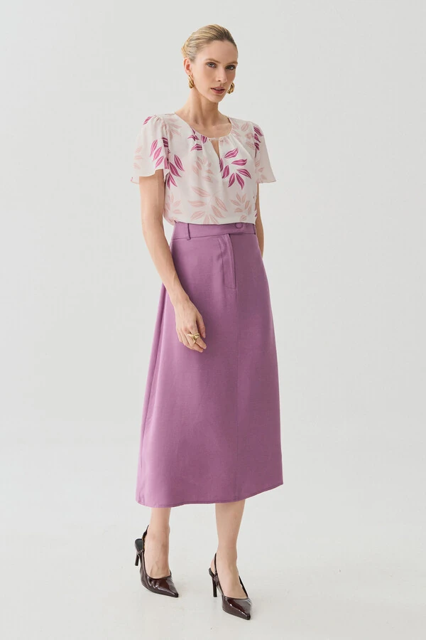 Blusa Folhagem Manga Evasê Decote Vazado