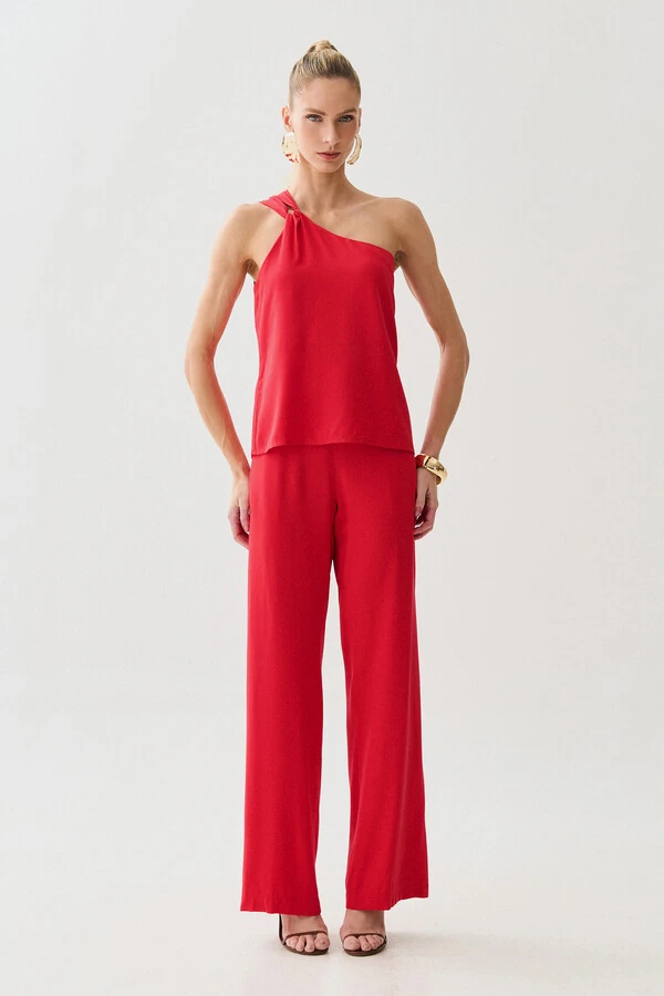 Conjunto de Blusa Regata Assimétrica Um Ombro Só Torcido e Calça Reta