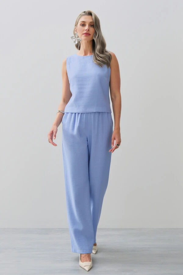 Conjunto de Blusa Regata Crop Pence e Calça Reta Cintura Elástico Laço