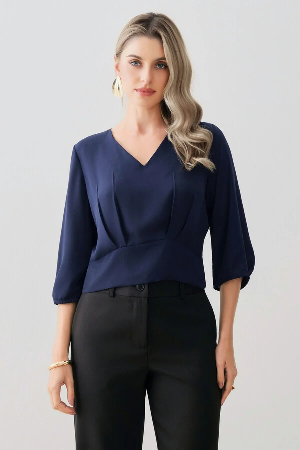 Blusa Crop Manga 3/4 Decote V Cintura Pregas Double