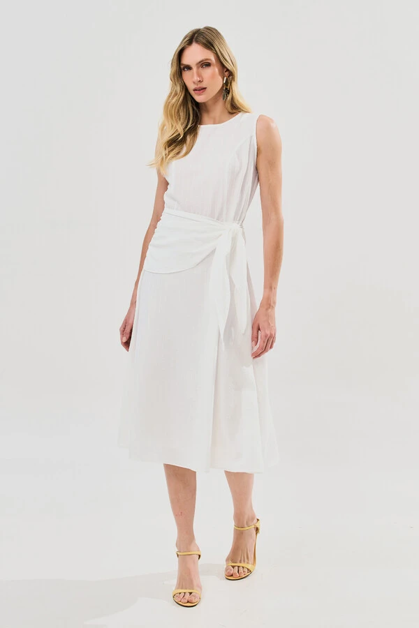 Vestido Midi Regata de Textrua Listrada Cintura Faixa Franzida