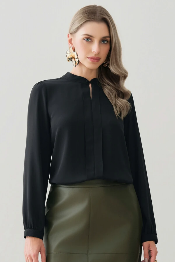 Blusa Manga Longa Punho Gola Baixa Mini Botão Forrado Pregas