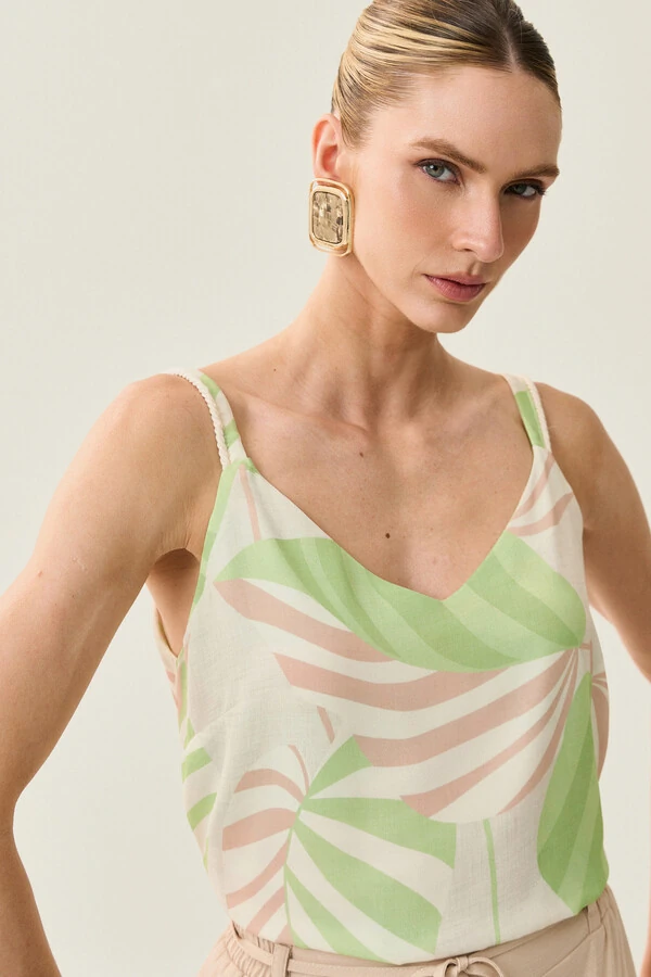 Blusa de Alça Cordão Folhagem Decote V