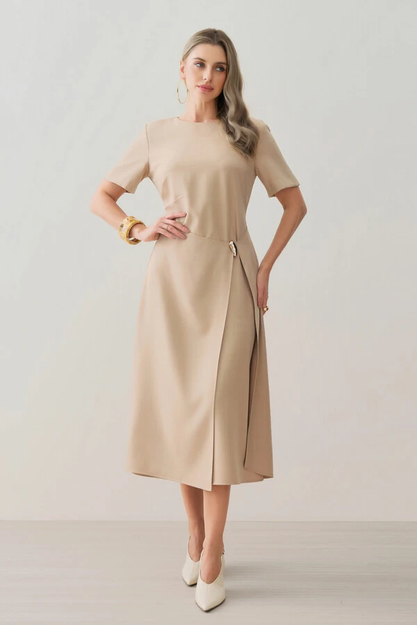 Vestido Midi de Alfaiataria Assimétrico Transpassado Pregas Gold