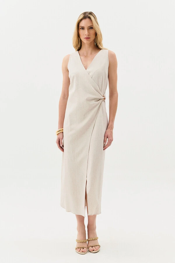 Vestido Midi Regata Transpassado de Linho Lateral Franzida Gold