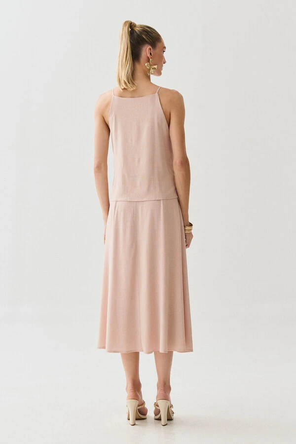 Conjunto de Blusa de Alcinha Assimétrica Decote V Lateral Pregas e Saia Midi Godê