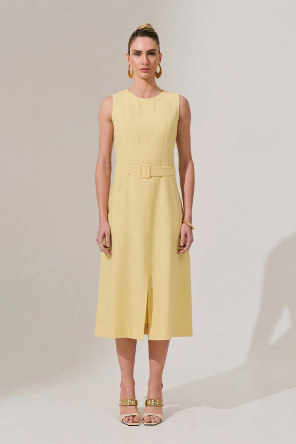 Vestido Midi Regata de Alfaiataria Recortes Cinto Fivela Forrada Fenda Frontal