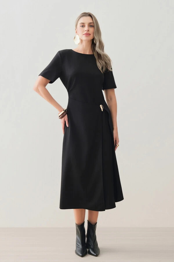 Vestido Midi de Alfaiataria Assimétrico Transpassado Pregas Gold