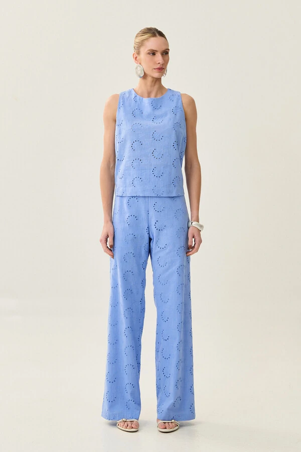 Conjunto de Laise de Algodão de Blusa regata Crop e Calça Reta