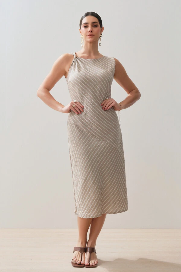 Vestido Midi Regata Assimétrica Listrado Um Ombro Torcido
