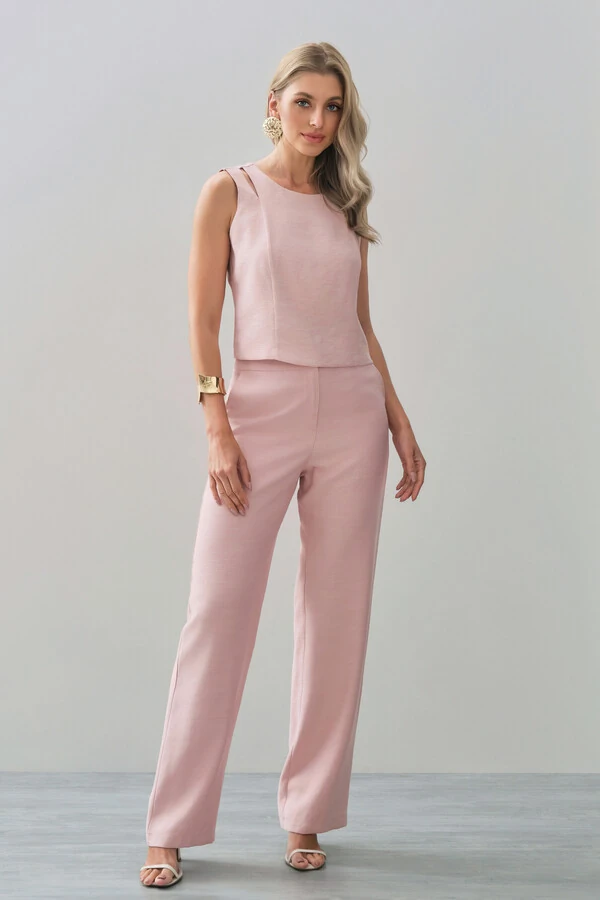 Conjunto de Blusa Regata Crop Ombro Cut Out Recorte e Calça Reta Botão Forrado