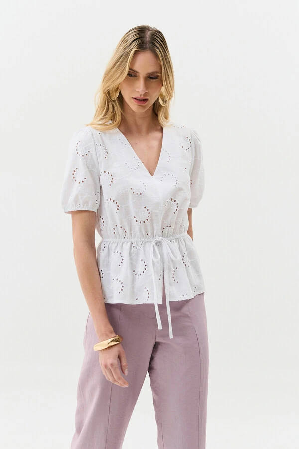 Blusa de Laise de Algodão Manga Bufante Elástico Decote V Cintura Elástico Laço