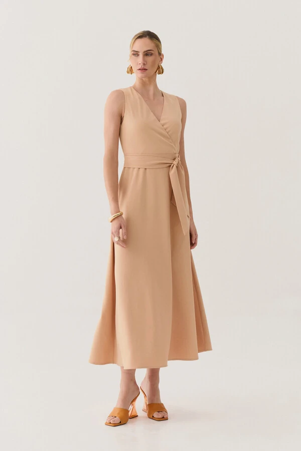 Vestido Midi Regata Transpassado de Alfaiataria Cinto