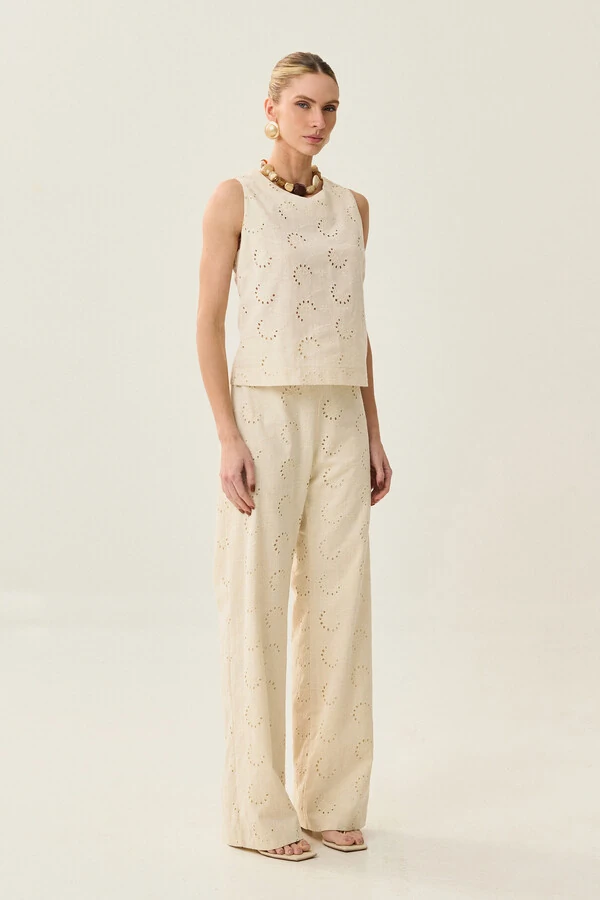 Conjunto de Laise de Algodão de Blusa regata Crop e Calça Reta