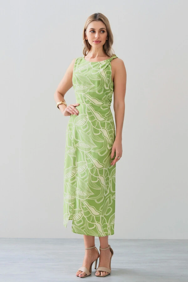 Vestido Midi Regata Assimétrico Transpassado Folhagem Um Ombro Torcido Lateral Franzida